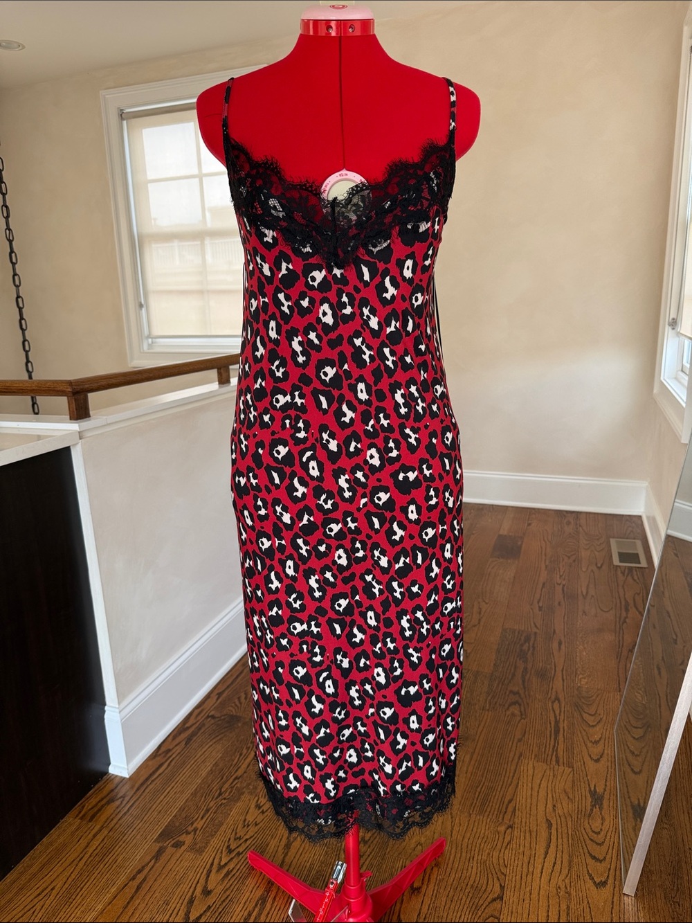 Zara Red Leopard-Print Slip Dress with Black Lace Trim